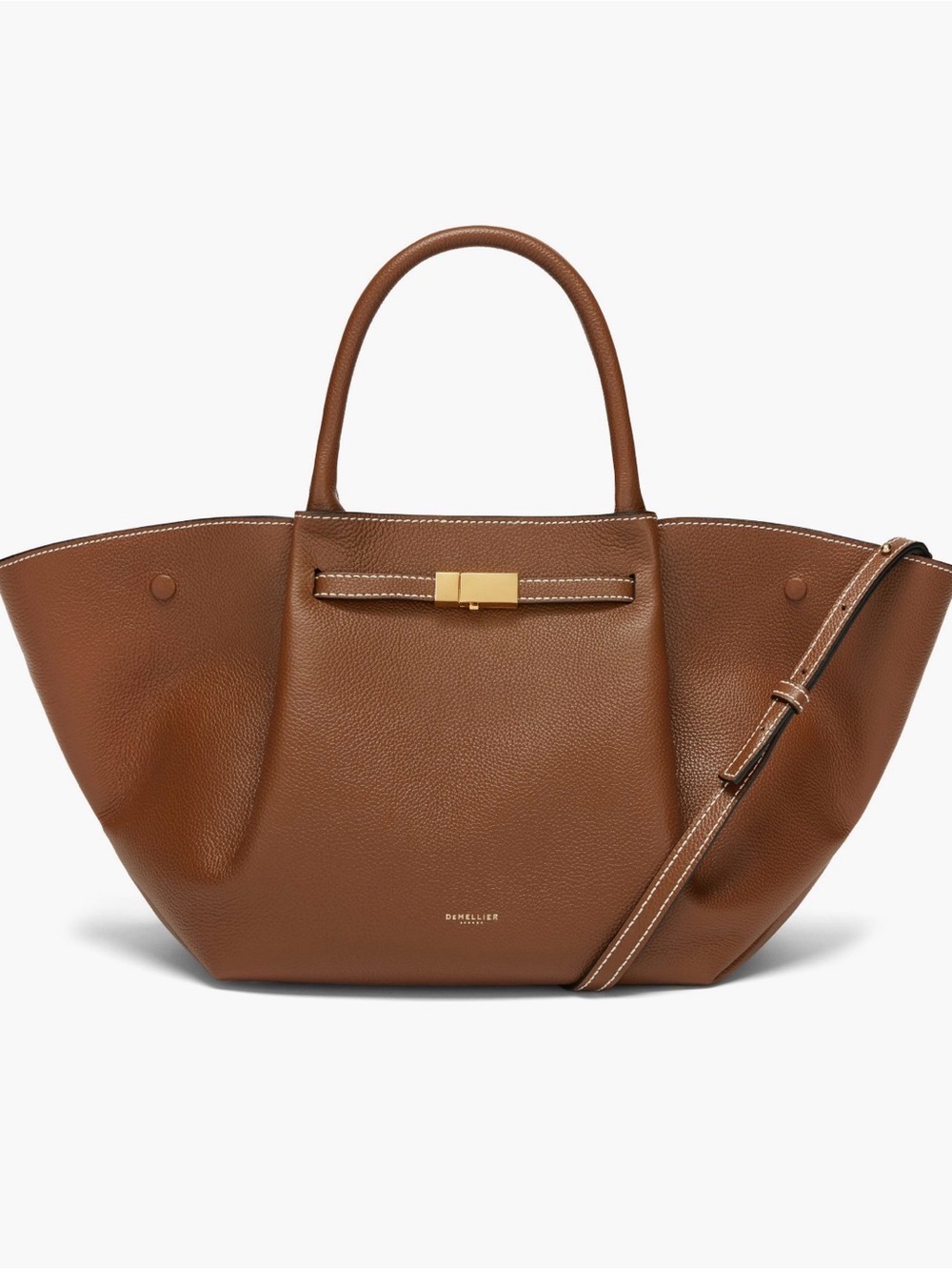DeMellier Midi New York Tote in Cognac Brown Leather with Gold Accent